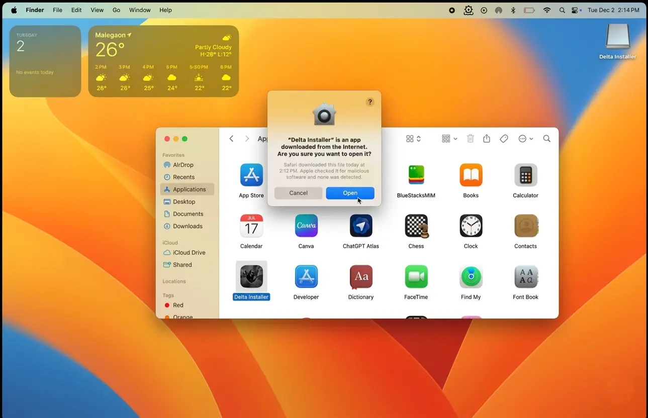 Delta installer open prompt on Mac desktop
