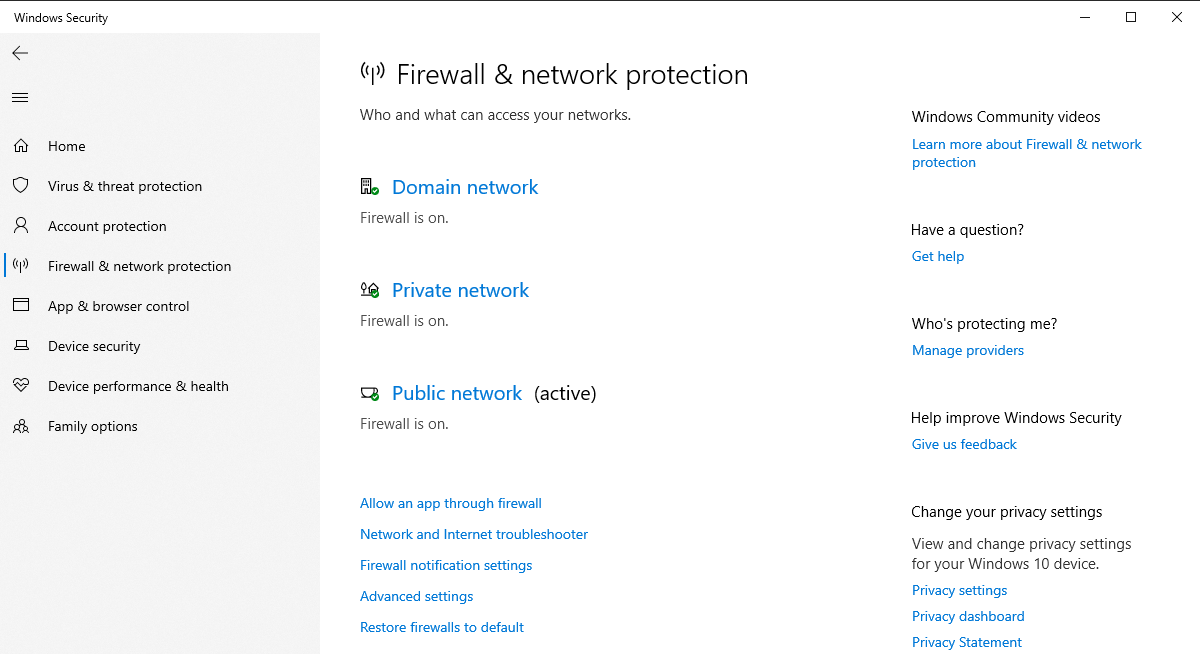 Windows Security firewall and network protection screen